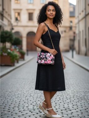 Floral Bow Accent Crossbody Bag - Pink & Black